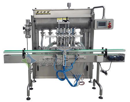 六頭紅油灌裝機(jī)，臥式攪拌大顆粒醬料灌裝機(jī)